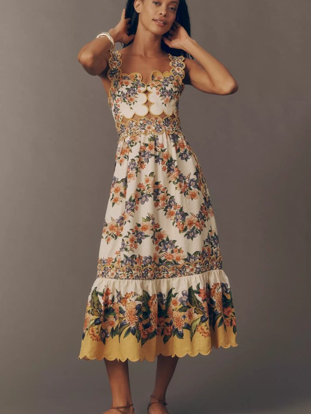 Farm Rio Hilo Stripes Sand Scallop-Trim Midi Dress - Picture 2 of 15
